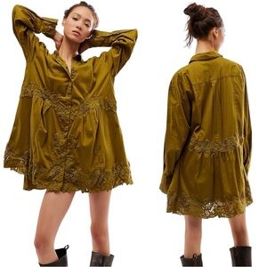 Free People Constance Olive Green Lace-Trimmed Babydoll Shirt Dress 0131